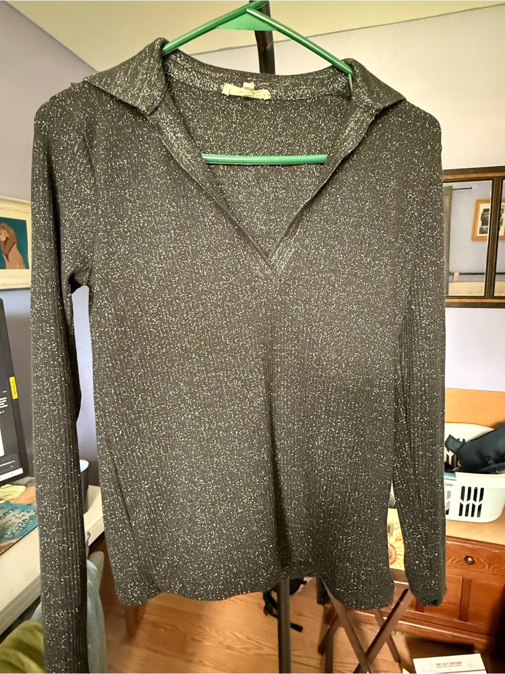 Madewell Sparkling Black Silver V-Neck Long Sleeve Top